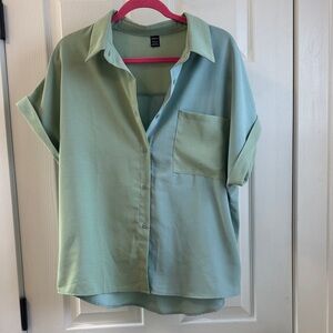 SHEIN Two Tone Mint Green Button Up Collar Blouse